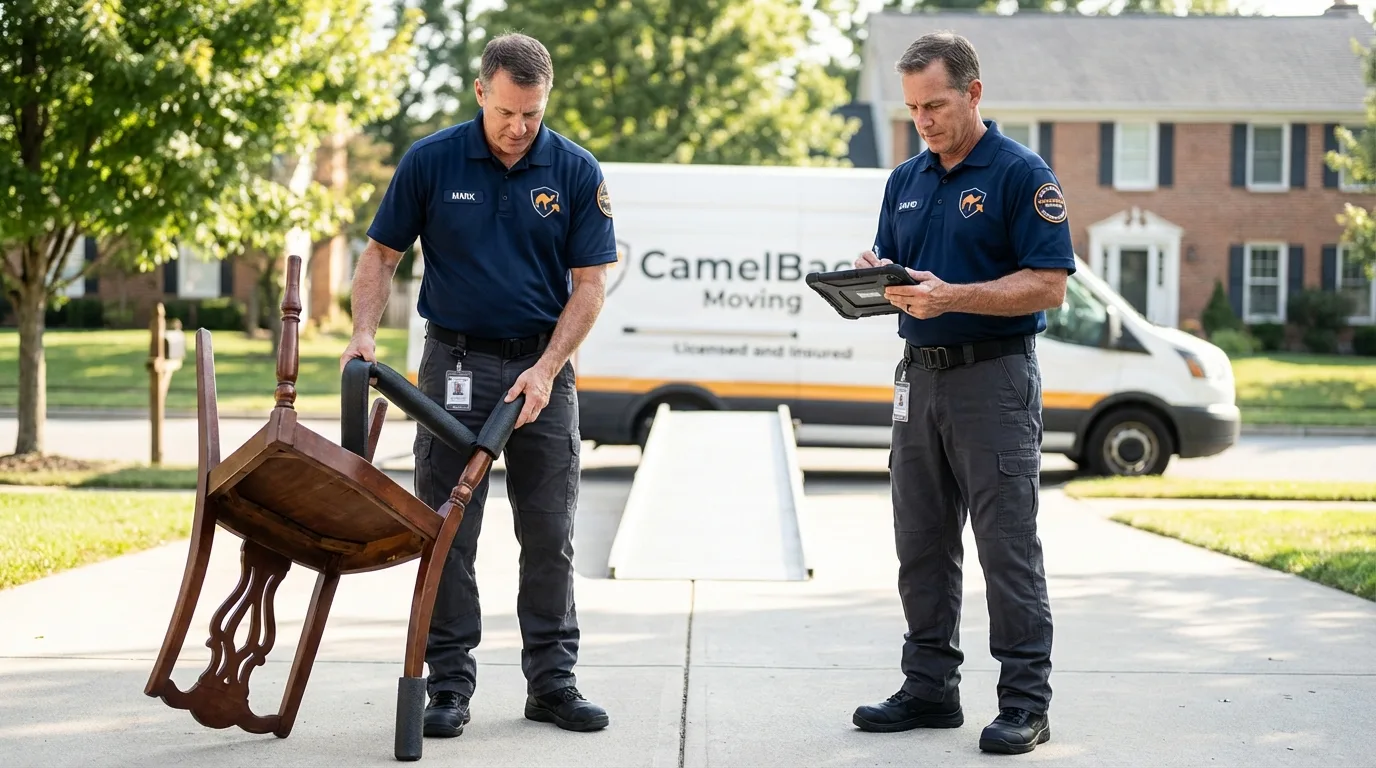 Movers inspecting furniture for damage prevention before loading in Minturn, CO